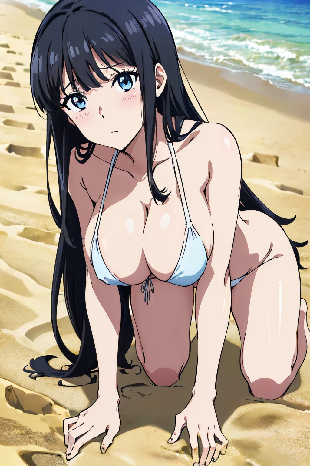 ((masutepiece, Best Quality, High resolution, anime screen cap, anime colours, in 8K, anime keyvisual)):1.5, Miyuki, 1girl in, Cute, blush, (Long Black Hair:1.5), 14years, (Oversized large sagging breasts:1.5), cleavage, ((White Micro Bikini:1.5, Thin fabric)), Navel Ejection, (all-fours:1.5), Arms Down, beach side, ((Perfect Anatomy, beautifull detailed face, Beautiful detailed eyes, beautiful detailed hair, Beautiful detailed body)), thick outline, Beautiful outlines, black outlines