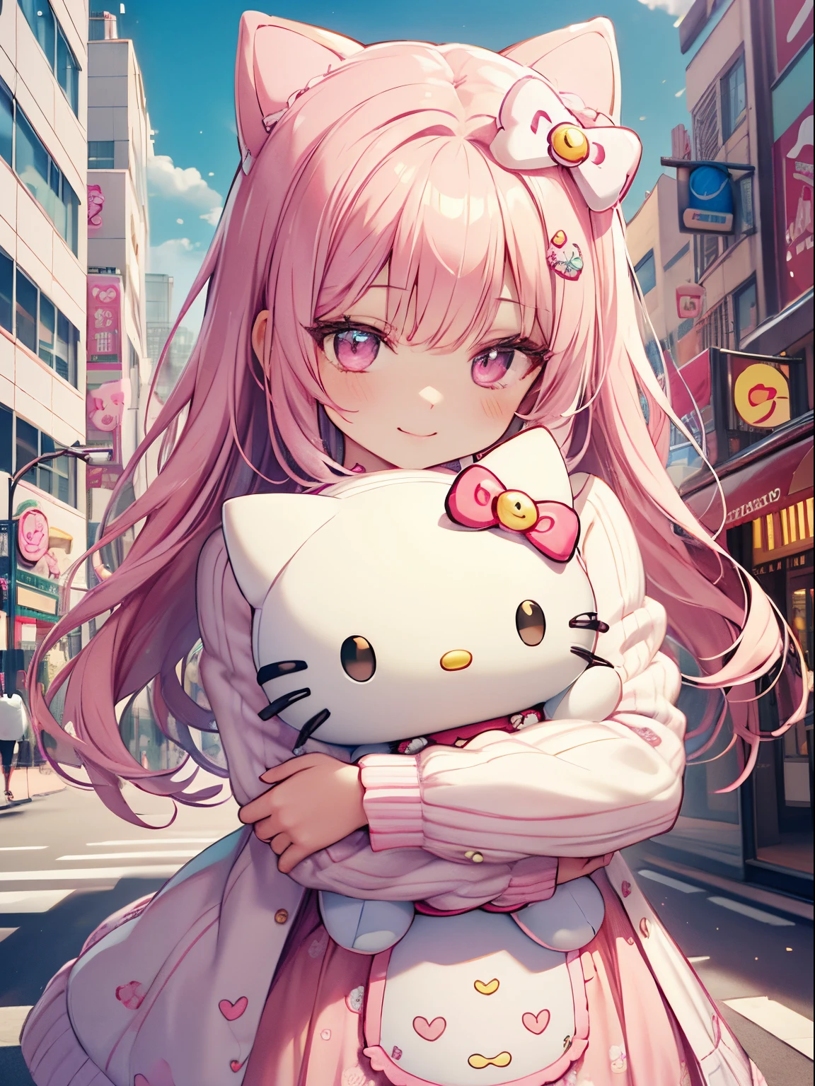 best quality, 4K wallpaper, masterpiece, extremely detailed CG unity 8k wallpaper, extremely detailed eyes, ultra-detailed, intricate details, 
1girl, (h1c4tt3ch poastcard), hugging hello kitty doll, neon city happy, smile, hello kitty, adorable, cute, dynamic pose