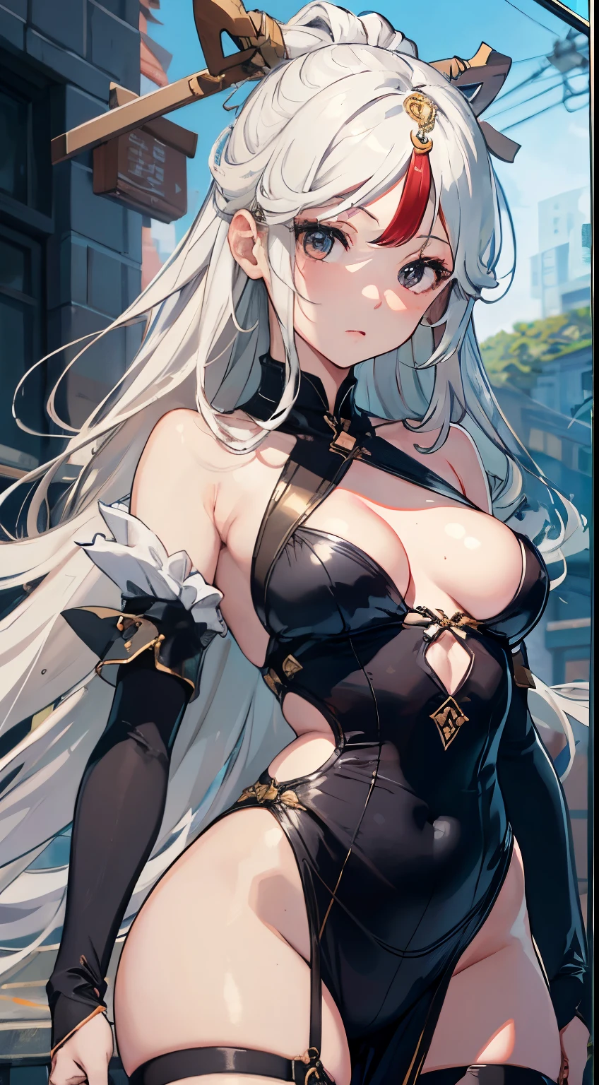 1girll， （Solo exhibitions：1.2）， （（master-piece））， [slim]， （small boobs）， Palluan， （（Detailed eyeokeh effect）， （dynamic angle）， Dynamic Post， ningguangrnd， whaite hair， Long white hair， White Dresses，Upper body，serious