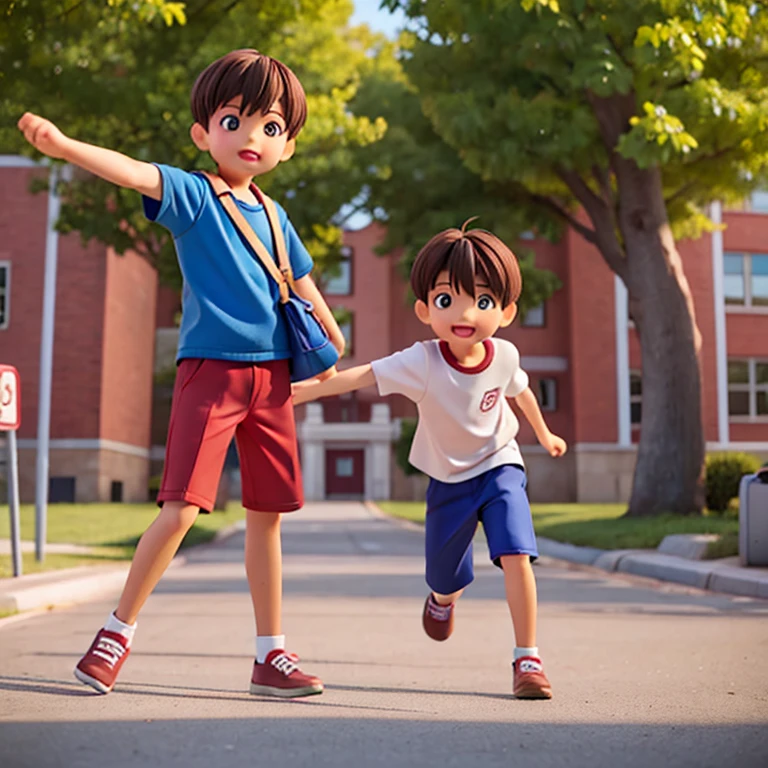 Two 10 year old boys playing in front of their school