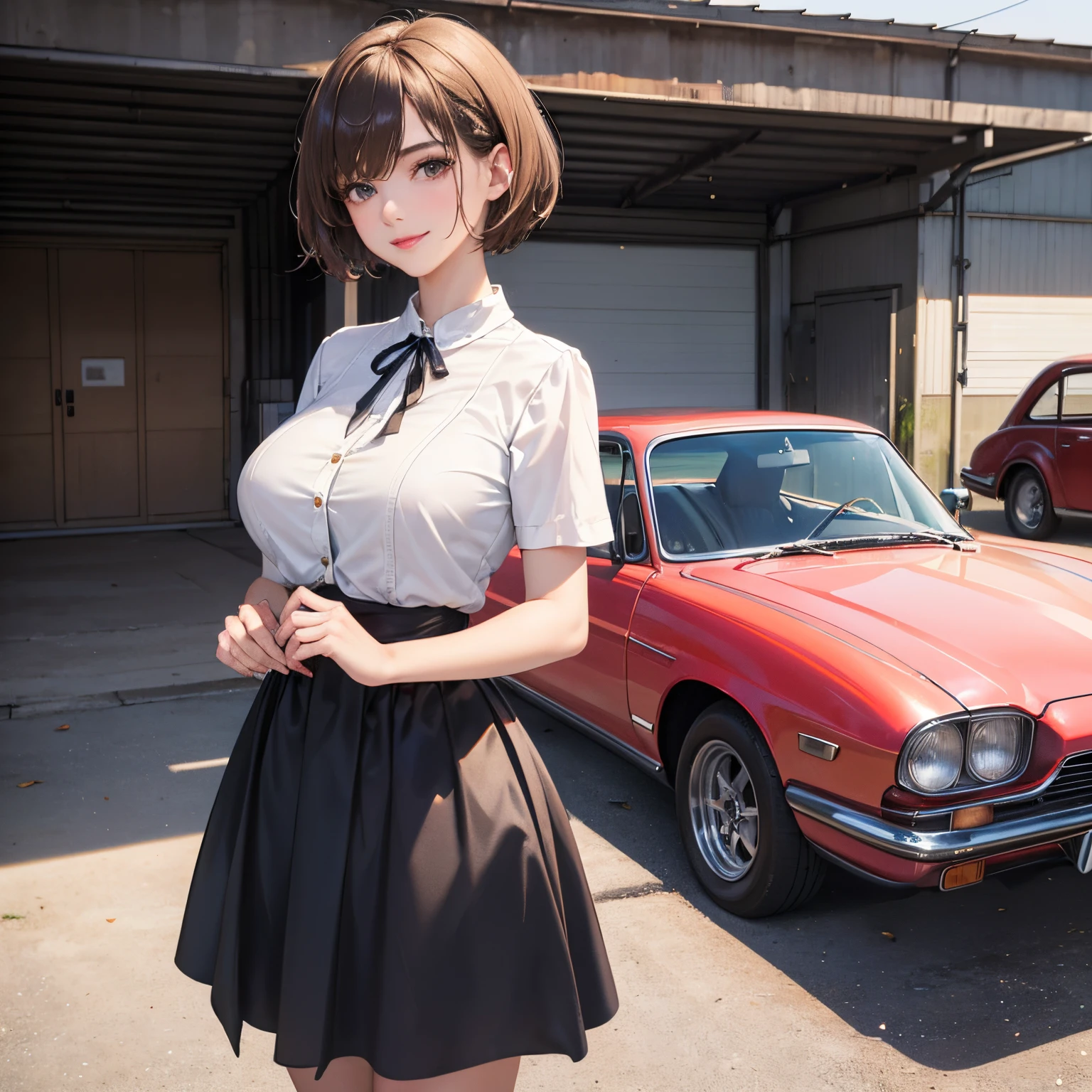 127
(a 20 yo woman, Standing), (A hyper-realistic), (high-level image quality), ((beautiful hairstyle 46)), ((short-hair:1.46)), (Gentle smile), (breasted:1.1), (lipsticks), (Large garage), (Depth of field is deep), (classic car)