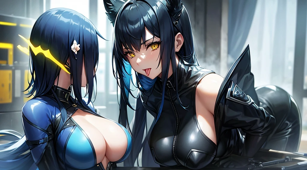 Two beautiful women in long blue and black leather suits with yellow eyes stick out their tongues.