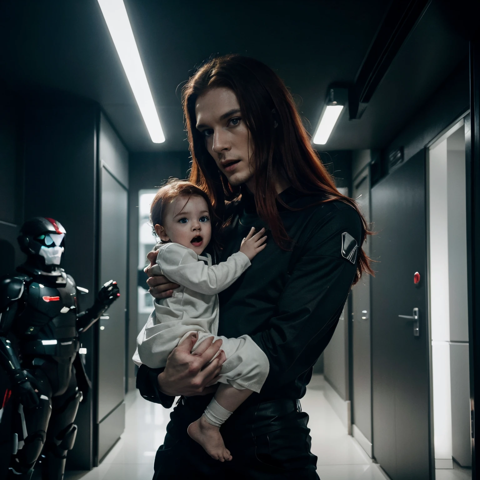 generate an image of an alien that is taking the form of a white human male with dark clothing and red hair with sharp eyes whilst singing, as he’s holding an actual human in one hand because he’s 20ft tall