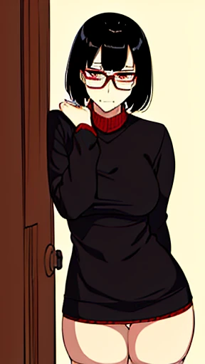 (NSFW)((Best Quality)), ((Masterpiece)), (Detailed), woman with short black hair with glasses, very white skin, red eyes, with a too short miniskirt, with a scared expression and crying in pain, she feels alone and has no help but also a sexualized expression, just woke up