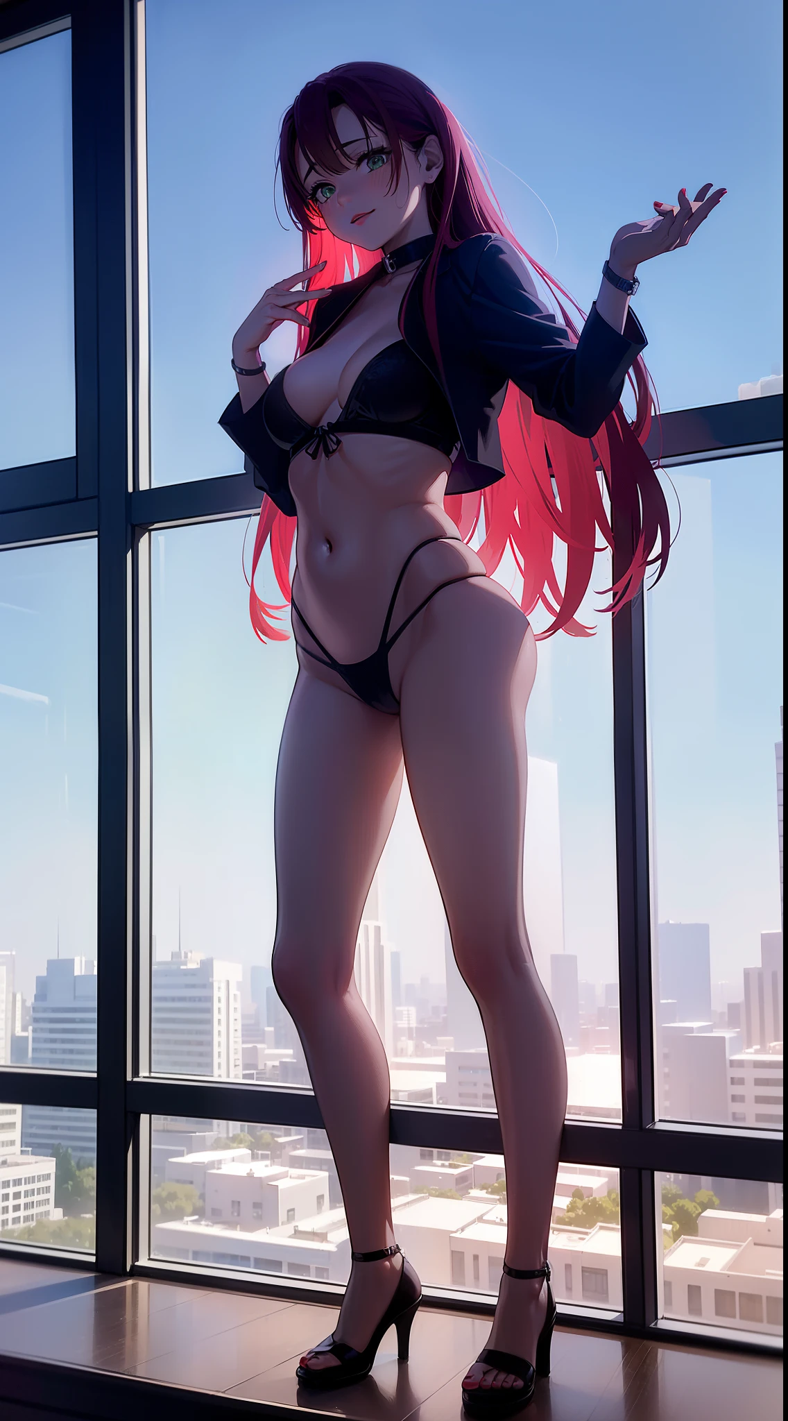 Hyper-realistic super detailed sexy Mitsuri Kanroji, NSFW, muy detallado, expresiones faciales sexys, Detail of seductive facial expression.: 1.4): 0.4], 16K resolution, 4k-resolution, dynamic  lighting, high-definition resolution, (pose sexy, Attractive position), (hiperrealista: 1.4), (Luz de fondo: 1.2), (Luz solar: 1), (altura completa: 1.8),(fondo contrastante: 1.5), (Hyperrealistic arm anatomy), (hyperrealistic leg anatomy), (Piel limpia), (Cinematic lighting: 1.7), (intimo), (Tecnología NVIDIA RTX Ray Tracing), (Perfect flat stomach), (Imagen en color),Create a 4K resolution, ultrarrealista, y obras de arte extremadamente detalladas que muestran a un CEO de Mitsuri Kanroji en un entorno de oficina corporativa con un estilo provocativo. Mitsuri Kanroji, el personaje central de la obra de arte., Conocida por su presencia imponente y su apariencia audaz. Ella se para frente a una gran ventana de vidrio de una oficina moderna que ofrece una vista del paisaje urbano..

 ((Mitsuri Kanroji (Asesino de demonios))), una chica con el pelo largo degradado de color verde rosado y ojos verdes, cabello verde, Cabello degradado, cabello multicolor, Cabello largo. Sha tiene una presencia imponente. Tiene una silueta provocativa pero profesional, con un traje de negocios entallado que resalta sutilmente su figura. Su maquillaje atrevido, with striking red lips and a look that demands attention.

She dressed provocatively,  A bold fashion statement. leotardo de colores brillantes, un toque de glamour a su apariencia general. shy and weak smile