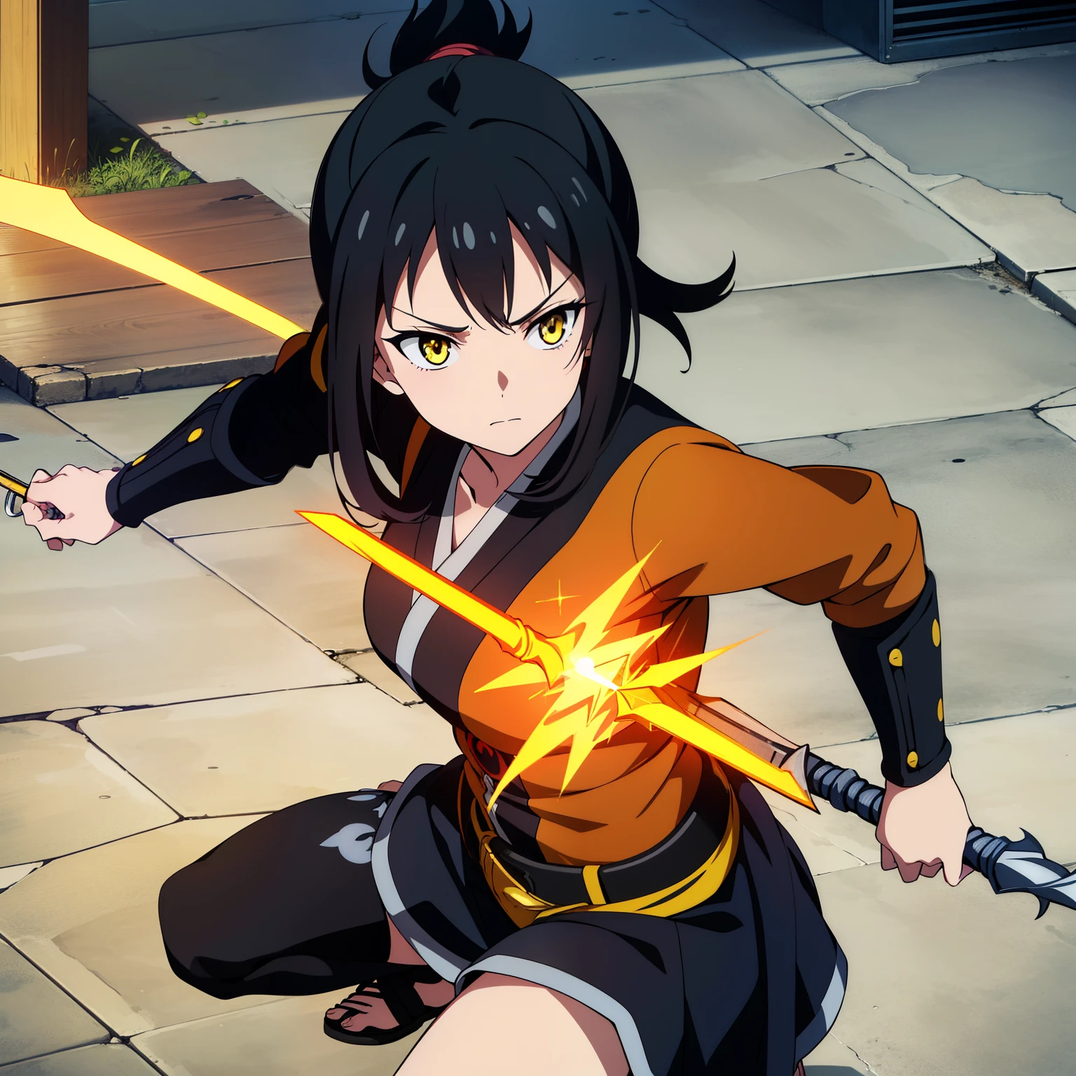 (Best Quality, masutepiece, High resolution, anime screen cap, anime colours, offcial art, black hair, yellow eyes, female warrior, spear