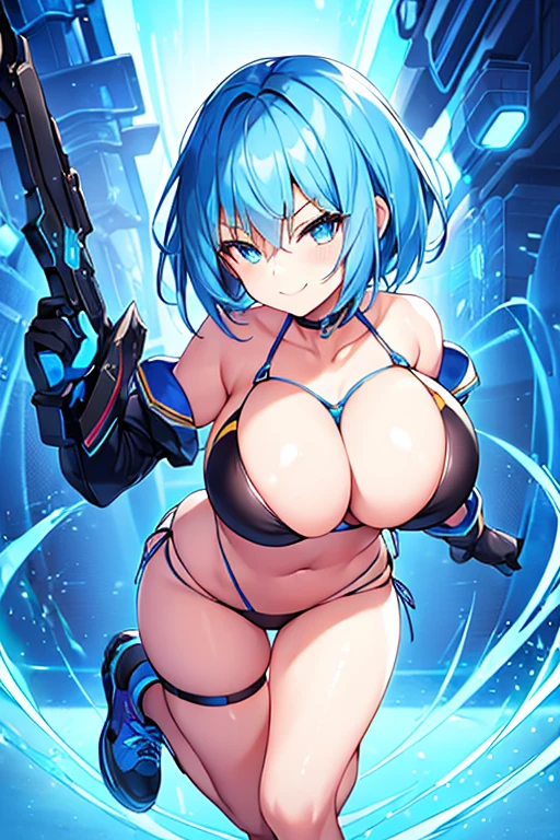 1girl, large breasts, breasts, wide hips, blue hair, very short hair, short hair, blue eyes, bikini, black bikini, neon trim, blue neon trim, smile, smirk, smug, futuristic, science-fiction, tech, machinery, shoes, sneakers, blue trim, v-string