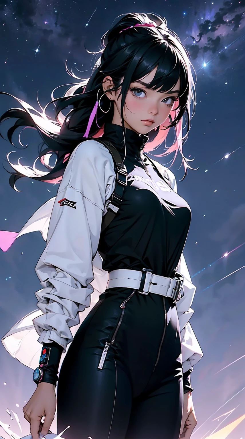 obra prima,  4K Ultra HD, foco nítido, realista, uma garota no estilo Gura Gawr de Hololive, but with the following characteristics: Athletic girl, Wearing a stylized black and white jumpsuit, in a Japanese city at dusk with a purple starry sky with some stars, Inspirado no estilo de arte GUWEIZ
