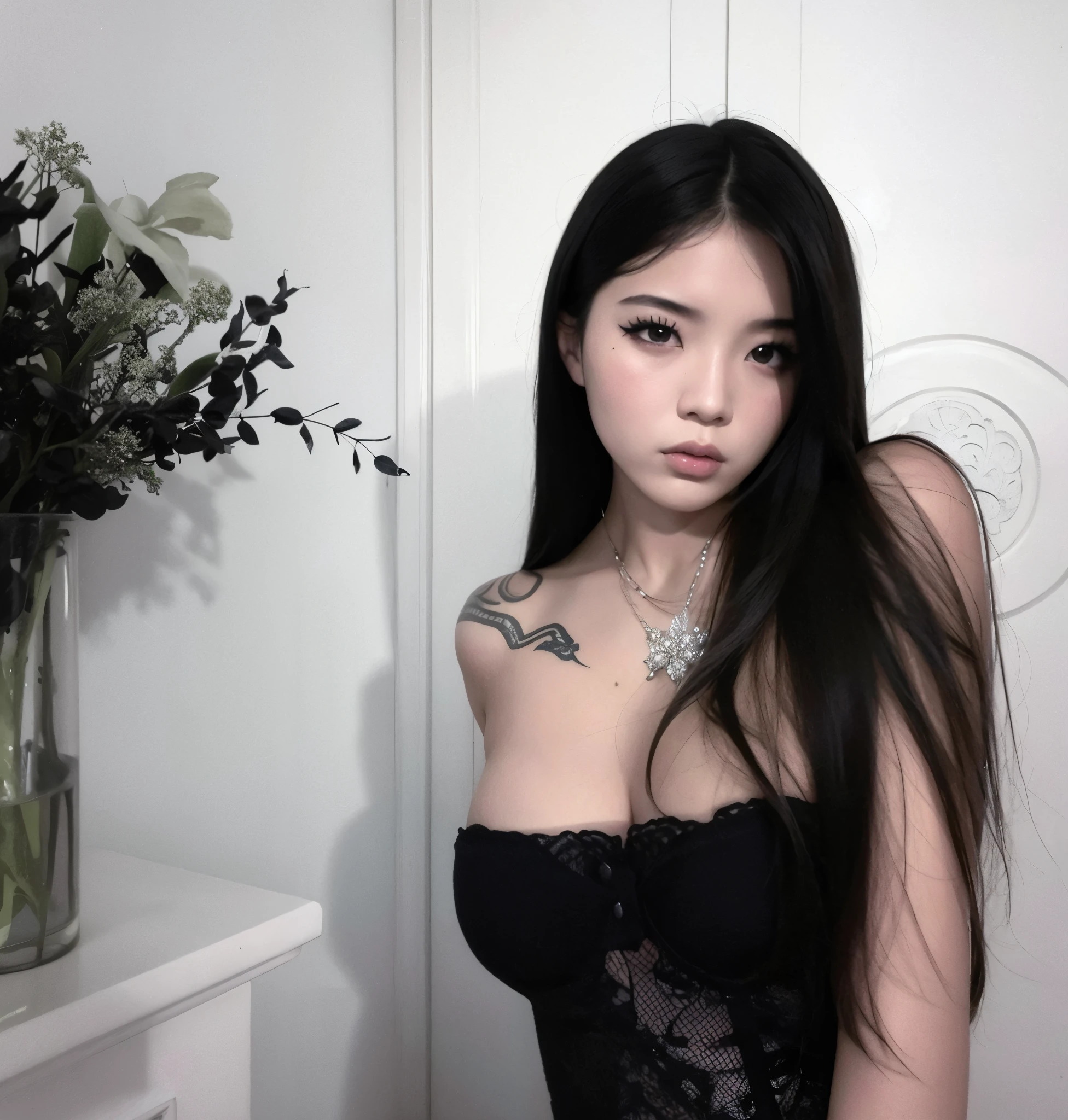 tem uma mulher com uma tatuagem no peito posando para uma foto, cruel korean goth girl, Asian girl, pale goth beauty, 18 anos, coreana, asian features, Beautiful Asian girl, 1 7 - year - old goth girl, 1 6 anos, an Asian woman, asian nymph bald goddess, Asian women, com cabelos longos e olhos penetrantes