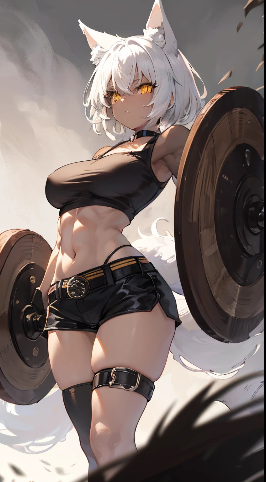Beautiful girl, kemonomimi, wolf girl, long tail, muscular girl, black and white hair, short hair, long eyelashes, yellow eyes, dark skin, dark brown skin, big breasts, black tight clothing, choker, thicc bracelet, small shorts white shorts, barefoot, sharp nails, black nails,giant shield, thicc belt, sharp teeth dead woods background, grayish background, dark woods, pale lighting, pale light