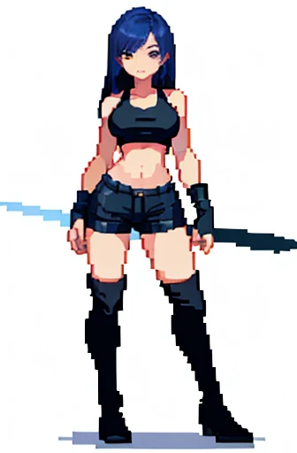 (masterpiece, top quality, best quality), pixel, pixel art,1girl,full body, high detail, long dark blue hair, black shorts, black tank top, thigh high boots, midriff, giant curved sword