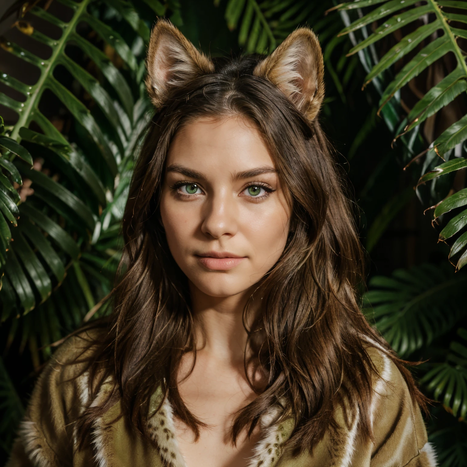 Fairy woman with green eyes, smooth brown ombré blonde hair with a little cat (animal) dans les bras, couronnes de fleur, green and magical decor 