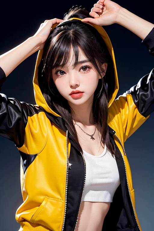1girl、Coast at night、Stars in the night sky、The upper part of the body、a closeup、4k、masterpiece、realisitic、Photorealsitic、Black Zip Up Hoodie