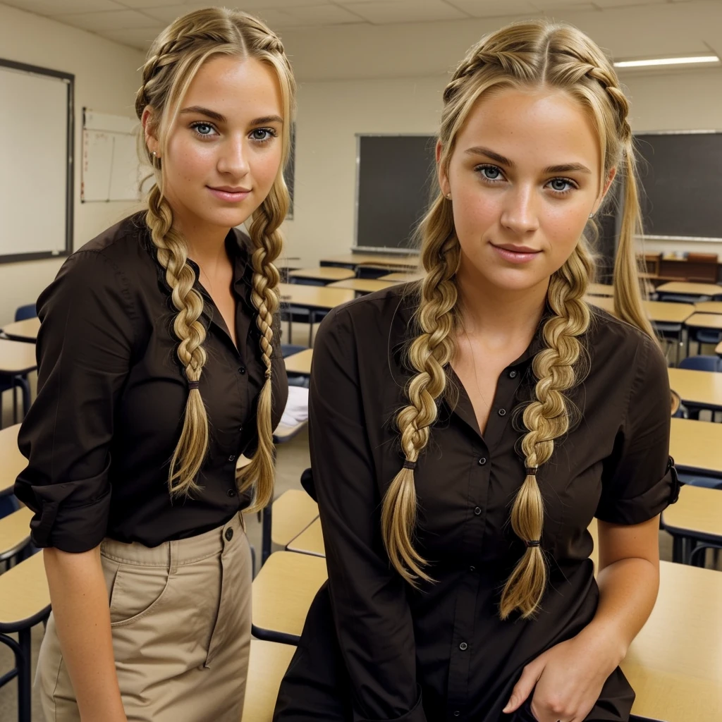 "Imagine a PORTRAIT of a friendly 27-year-old AmerICAN teacher. She has short,neatly plaited and braided BLONDE hair, striking brown eyes.sexy but professionally dressed,in a classroom