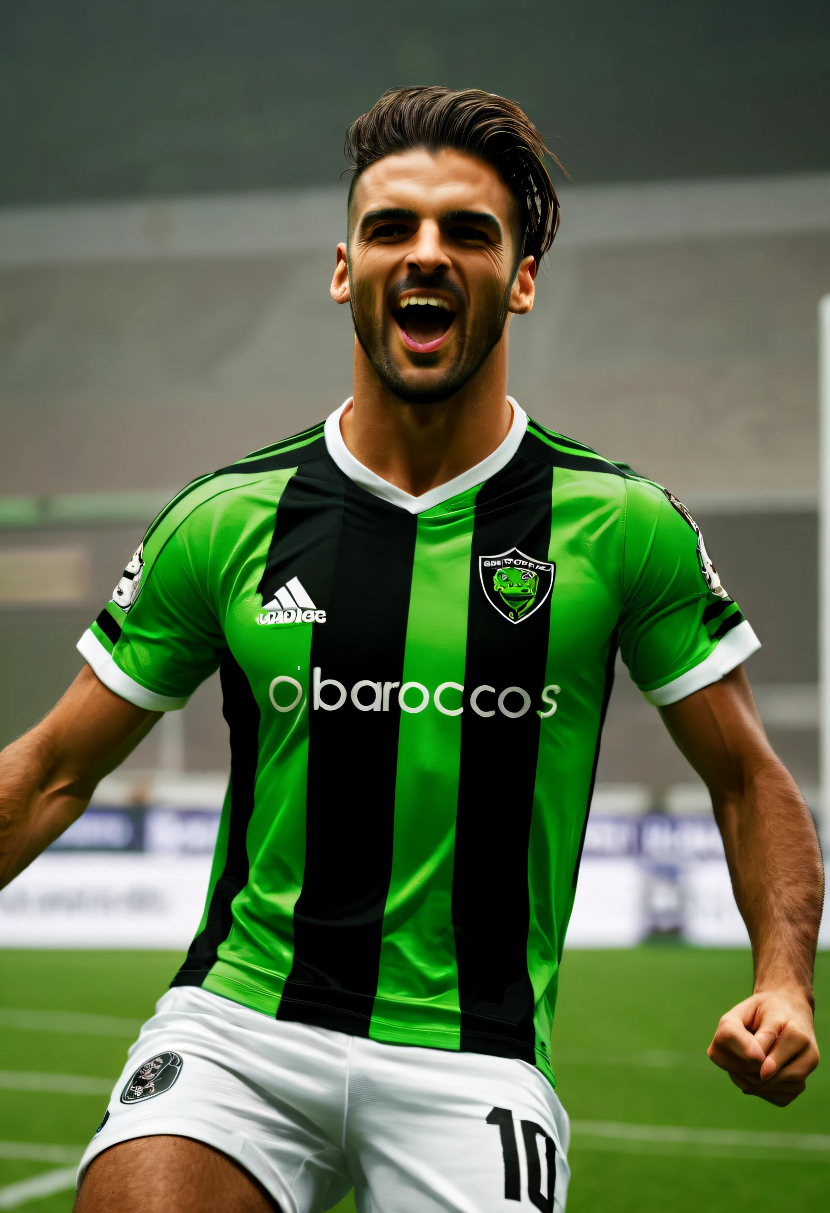 celebration of a football player wearing a green t-shirt with black stripes, um logotipo de sapo escrito BAROCOS, marcar um gol