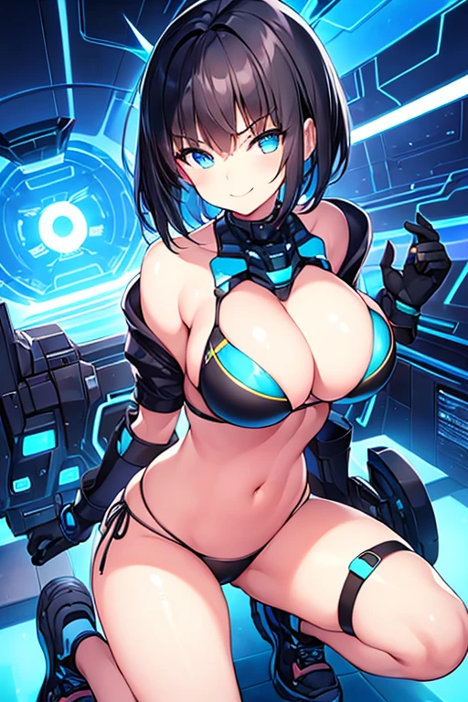 1girl, large breasts, breasts, wide hips, black hair, very short hair, short hair, blue eyes, bikini, black bikini, neon trim, blue neon trim, smile, smirk, smug, futuristic, science-fiction, tech, machinery, shoes, sneakers, blue trim, v-string, ornament, hair ornament