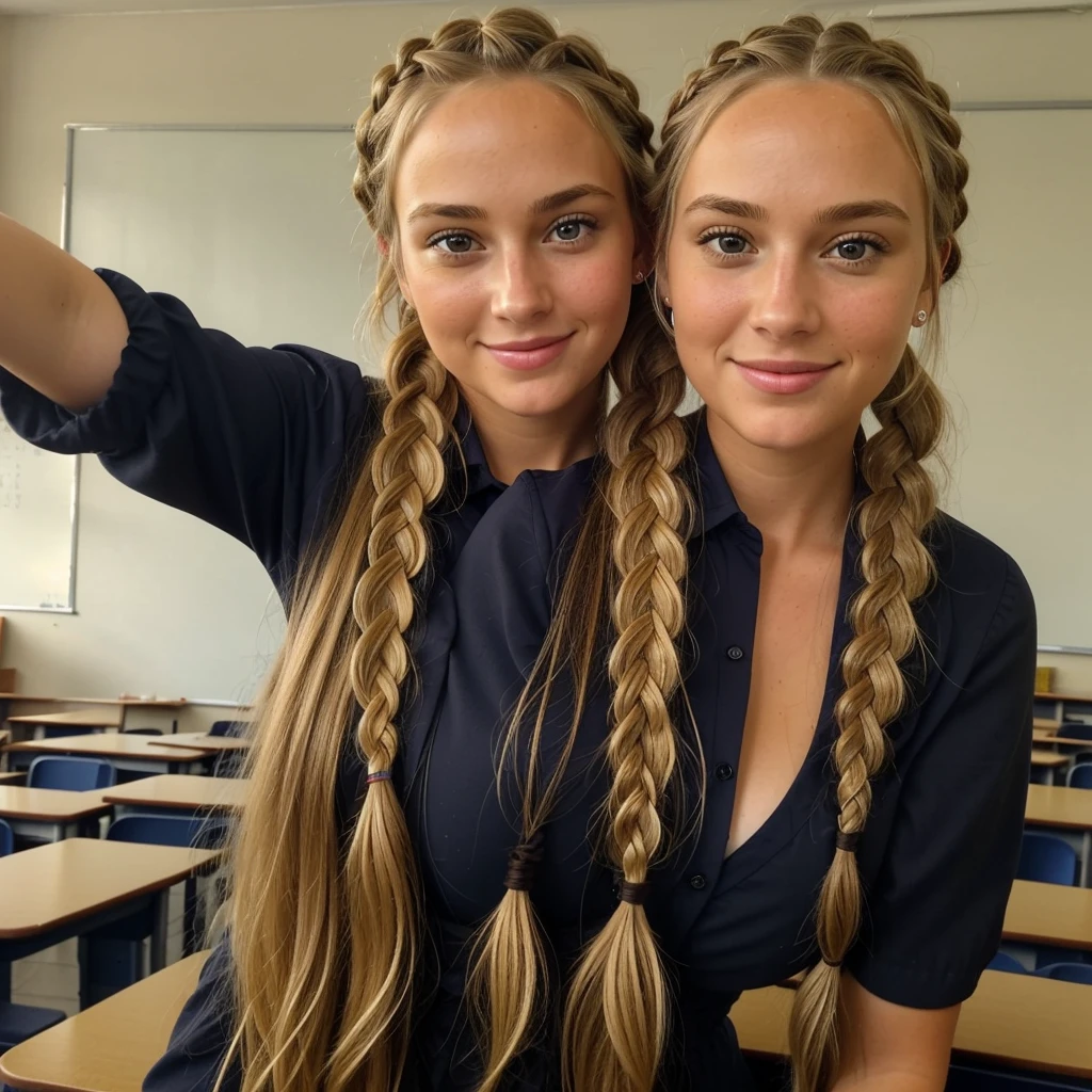 "Imagine a selfie of a friendly 27-year-old AmerICAN teacher. She has short,neatly plaited and braided BLONDE hair, striking brown eyes.sexy but professionally dressed,in a classroom