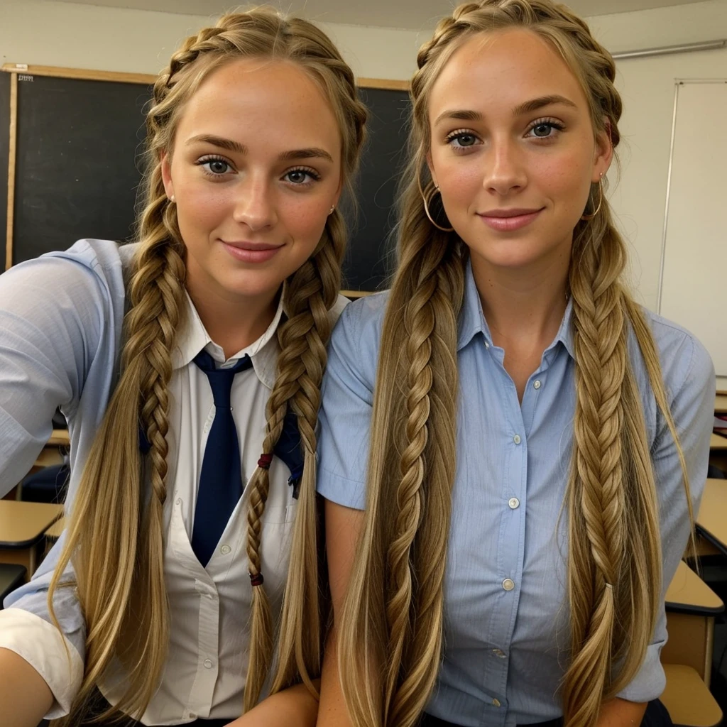 Two beautiful French girls、Blonde Hair、With bangS、PigtailS、Blue eyeS、Smile、The body is slim、Red tie、White shirt、Plaid pleated Skirt、Snuggling、In the classroom、school's