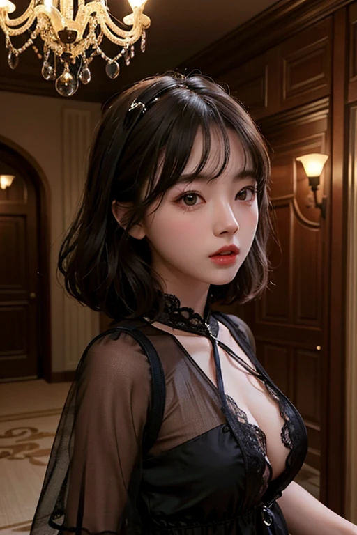 1girl、Western-style building at night、Chandelier light、The upper part of the body、a closeup、4k、​masterpiece、realisitic、Photorealsitic、Black dress
