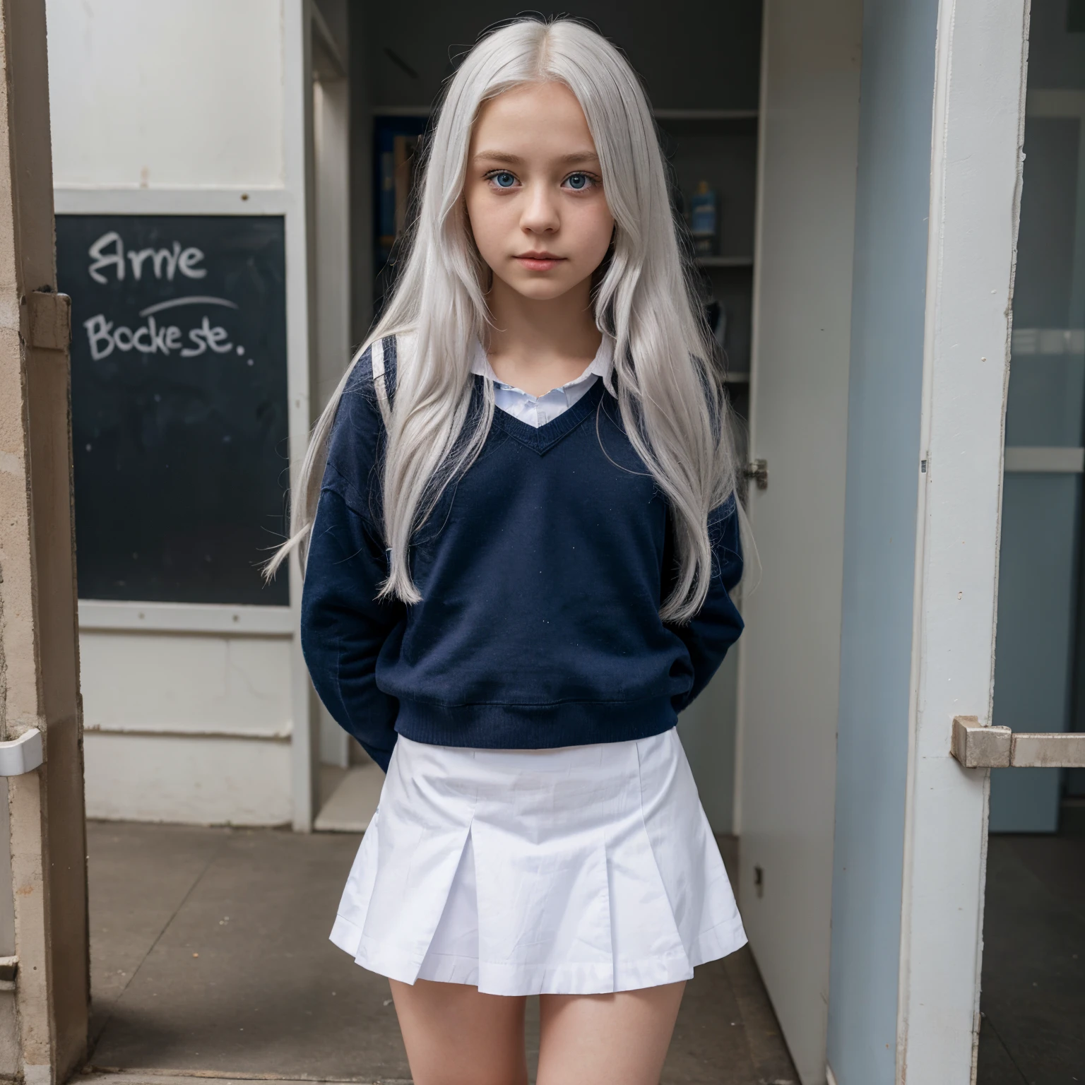 A short  wearing a scholl clothes with a hole in the brest location shy have a long white hair and blue eyes and left her skirt ti show you her underwear