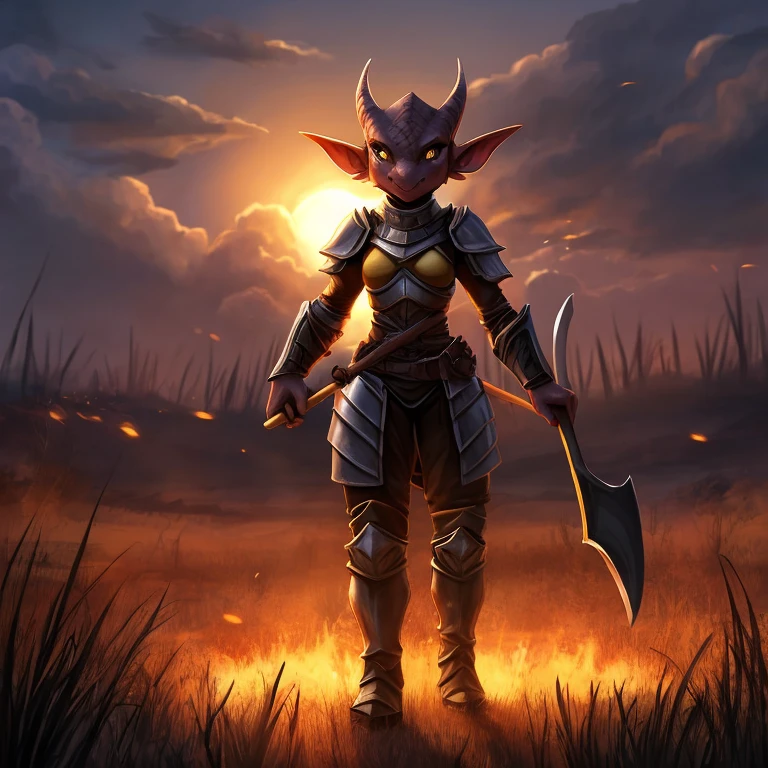 solo, female, black kobold, short, small breasts, thin body, light armor, holding axe, standing in burning field, fighting goblin, dusk,