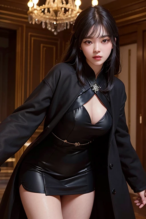 1girl、Western-style building at night、Chandelier light、The upper part of the body、a closeup、4k、​masterpiece、realisitic、Photorealsitic、Black dress、Wearing a black coat