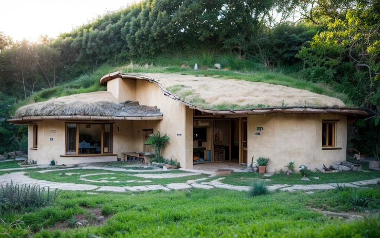 A photograph of a symmetrical contemporary house with (((one hyperbolic paraboloid green roof))) and (((biological pool))) and ((base wall foundation)) in a tropical backyard, mustard yellow terracota plaster walls (((rustic clay stucco))), ((corner walls rounded)), ((rustic clay plaster)), (((terracotta walls with rounded corners, organic curves))), (((rustic earth plaster, mud))), (((hyperbolic-shaped green roof with wooden edge))), (((wooden roof structure, wooden rake, wooden fascia board))), eaves, ((roof with wooden structure)), In Bahia (((tropical garden))), ((natural houses, organic buildings, organic architecture)), ecovillage, sustainable architecture, bioconstruction architecture, solarpunk architecture, (((grass roof, green roof, green wave roof, rounded roof, vegetated roofs))), (((rock base foundation wall, foundation height 30cm, stone base wall 30cm high))), ((green architecture)), passive house, clear sky in the background, painful beauty, modern, imposing, green house, ((Bali hobbit Hadid Style)), super resolution, cinematic, color grading, editorial photography, photography, photo shoot, (((dramatic front eye top angle view))), O 50mm, depth of field, intricate details, natural colors, sharp focus, warm light, shutter speed 1/1000, F/22, White Balance, Ray Trace Reflections, Lumen Reflections, Screen Space Reflections, Diffraction Rating, Chromatic Aberration, GB Shift, Partial Lighting, Backlighting, Daylighting, Scan Lines, ambient occlusion, antialiasing, shaders, OpenGL-Shaders, GLSL-Shaders, Post-processing, post-production, shading, tone mapping, incredibly detailed and complex, hypermaximalist, elegant, hyperrealistic, super detailed, dynamic pose, Fujifilm XT