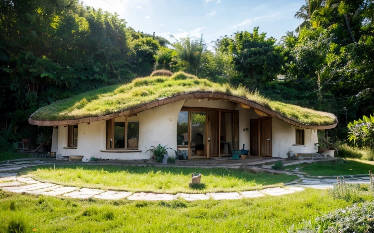 A photograph of a symmetrical contemporary house with (((one hyperbolic paraboloid green roof))) and (((biological pool))) and ((base wall foundation)) in a tropical backyard, mustard yellow terracota plaster walls (((rustic clay stucco))), ((corner walls rounded)), ((rustic clay plaster)), (((terracotta walls with rounded corners, organic curves))), (((rustic earth plaster, mud))), (((hyperbolic-shaped green roof with wooden edge))), (((wooden roof structure, wooden rake, wooden fascia board))), eaves, ((roof with wooden structure)), In Bahia (((tropical garden))), ((natural houses, organic buildings, organic architecture)), ecovillage, sustainable architecture, bioconstruction architecture, solarpunk architecture, (((grass roof, green roof, green wave roof, rounded roof, vegetated roofs))), (((rock base foundation wall, foundation height 30cm, stone base wall 30cm high))), ((green architecture)), passive house, clear sky in the background, painful beauty, modern, imposing, green house, ((Bali hobbit Hadid Style)), super resolution, cinematic, color grading, editorial photography, photography, photo shoot, (((dramatic front eye top angle view))), O 50mm, depth of field, intricate details, natural colors, sharp focus, warm light, shutter speed 1/1000, F/22, White Balance, Ray Trace Reflections, Lumen Reflections, Screen Space Reflections, Diffraction Rating, Chromatic Aberration, GB Shift, Partial Lighting, Backlighting, Daylighting, Scan Lines, ambient occlusion, antialiasing, shaders, OpenGL-Shaders, GLSL-Shaders, Post-processing, post-production, shading, tone mapping, incredibly detailed and complex, hypermaximalist, elegant, hyperrealistic, super detailed, dynamic pose, Fujifilm XT