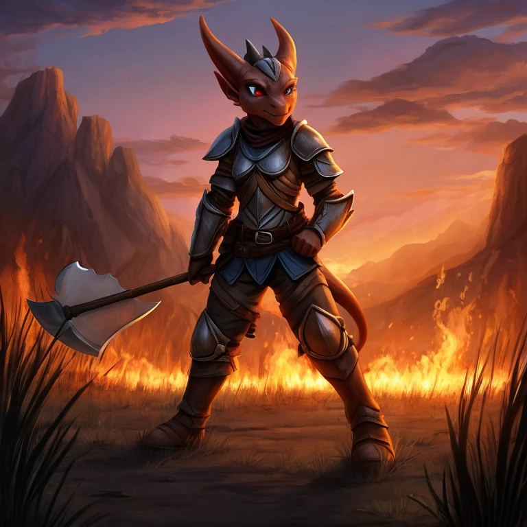 female, black kobold, short, small breasts, thin body, light armor, holding axe, standing in burning field, fighting goblin, dusk,