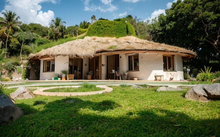 A photograph of a symmetrical contemporary house with (((one hyperbolic paraboloid green roof))) and (((biological pool))) and ((base wall foundation)) in a tropical backyard, with high roof and long eaves, mustard yellow terracota plaster walls (((rustic clay stucco))), ((corner walls rounded)), ((rustic clay plaster)), (((terracotta walls with rounded corners, organic curves))), (((rustic earth plaster, mud))), (((hyperbolic-shaped green roof with wooden edge))), (((wooden roof structure, wooden rake, wooden fascia board))), eaves, ((roof with wooden structure)), In Bahia (((tropical garden))), ((natural houses, organic buildings, organic architecture)), ecovillage, sustainable architecture, bioconstruction architecture, solarpunk architecture, (((grass roof, green roof, green wave roof, rounded roof, vegetated roofs))), (((rock base foundation wall, foundation height 30cm, stone base wall 30cm high))), ((green architecture)), passive house, clear sky in the background, painful beauty, modern, imposing, green house, ((Bali hobbit Hadid Style)), super resolution, cinematic, color grading, editorial photography, photography, photo shoot, (((dramatic front eye top angle view))), O 50mm, depth of field, intricate details, natural colors, sharp focus, warm light, shutter speed 1/1000, F/22, White Balance, Ray Trace Reflections, Lumen Reflections, Screen Space Reflections, Diffraction Rating, Chromatic Aberration, GB Shift, Partial Lighting, Backlighting, Daylighting, Scan Lines, ambient occlusion, antialiasing, shaders, OpenGL-Shaders, GLSL-Shaders, Post-processing, post-production, shading, tone mapping, incredibly detailed and complex, hypermaximalist, elegant, hyperrealistic, super detailed, dynamic pose, Fujifilm XT