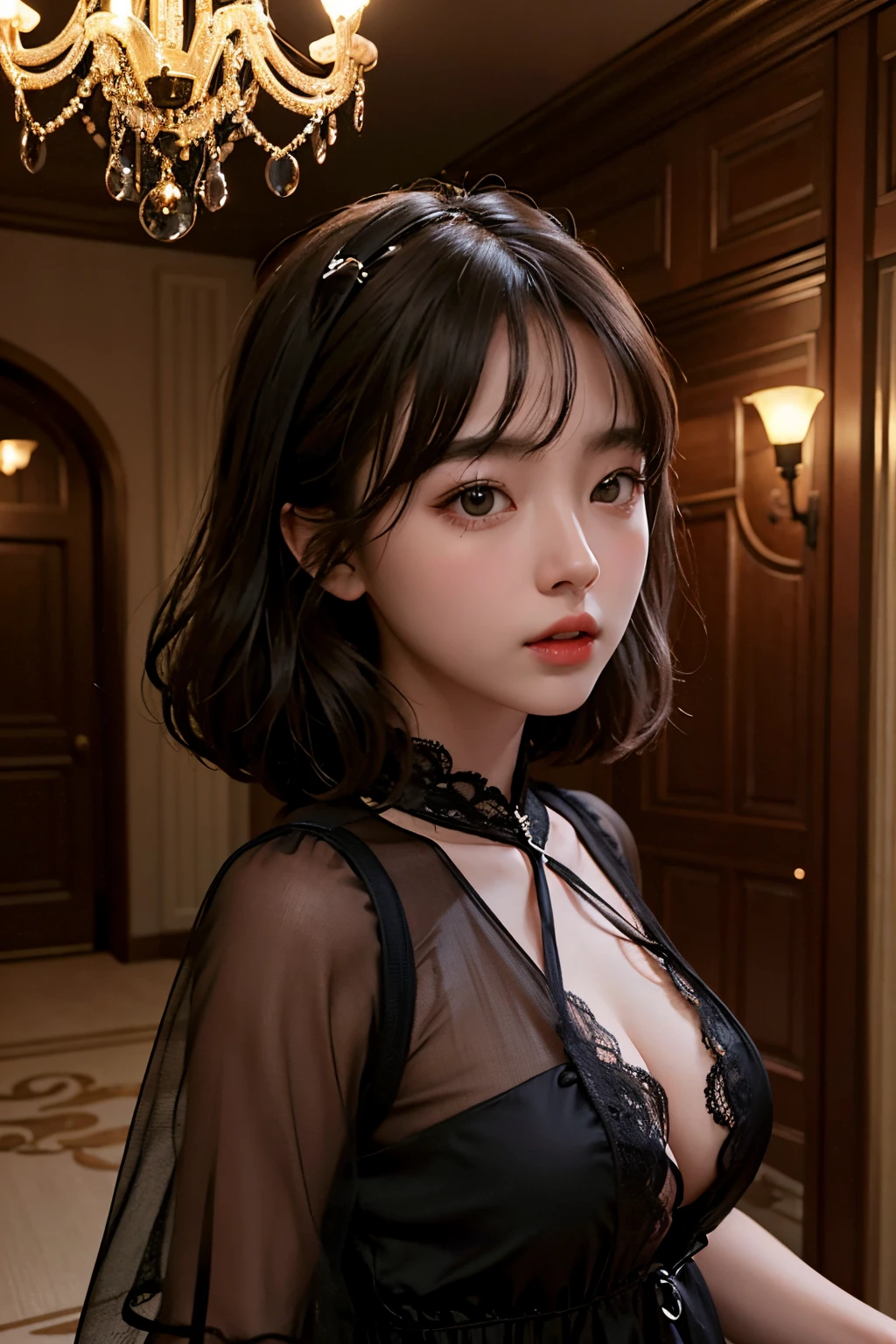 1girl、Western-style building at night、Chandelier light、The upper part of the body、a closeup、4k、masterpiece、realisitic、Photorealsitic、Black dress