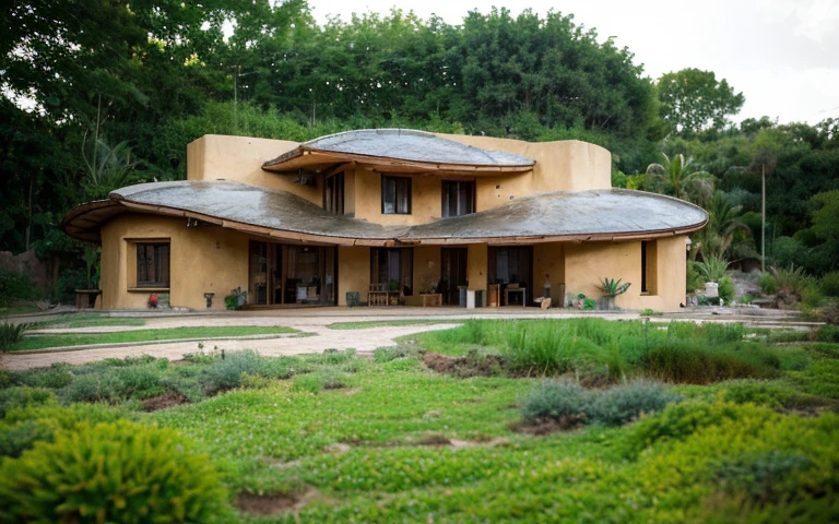 A photograph of a symmetrical contemporary house with (((one hyperbolic paraboloid green roof))) and (((biological pool))) and ((base wall foundation)) in a tropical backyard, with high roof and long eaves, mustard yellow terracota plaster walls (((rustic clay stucco))), ((corner walls rounded)), ((rustic clay plaster)), (((terracotta walls with rounded corners, organic curves))), (((rustic earth plaster, mud))), (((hyperbolic-shaped green roof with wooden edge))), (((wooden roof structure, wooden rake, wooden fascia board))), eaves, ((roof with wooden structure)), In Bahia (((tropical garden))), ((natural houses, organic buildings, organic architecture)), ecovillage, sustainable architecture, bioconstruction architecture, solarpunk architecture, (((grass roof, green roof, green wave roof, rounded roof, vegetated roofs))), (((rock base foundation wall, foundation height 30cm, stone base wall 30cm high))), ((green architecture)), passive house, clear sky in the background, painful beauty, modern, imposing, green house, ((Bali hobbit Hadid Style)), super resolution, cinematic, color grading, editorial photography, photography, photo shoot, (((dramatic front eye top angle view))), O 50mm, depth of field, intricate details, natural colors, sharp focus, warm light, shutter speed 1/1000, F/22, White Balance, Ray Trace Reflections, Lumen Reflections, Screen Space Reflections, Diffraction Rating, Chromatic Aberration, GB Shift, Partial Lighting, Backlighting, Daylighting, Scan Lines, ambient occlusion, antialiasing, shaders, OpenGL-Shaders, GLSL-Shaders, Post-processing, post-production, shading, tone mapping, incredibly detailed and complex, hypermaximalist, elegant, hyperrealistic, super detailed, dynamic pose, Fujifilm XT