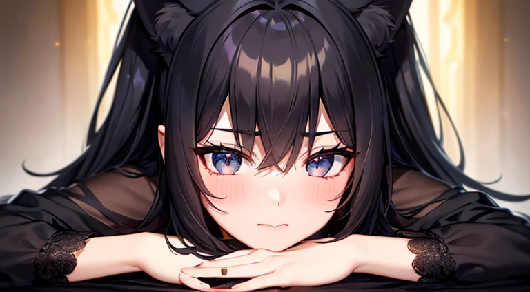 hot, fit, black hair, deep black eyes, thin lips, choker, medium ass and breasts, flowing black dress with ornate black ascents, cat ears, lightly blushing, casual clothes, casual looks, day time, on a golden throne, in a throne room. volume lighting, realism break (masterpiece) (Best Quality), (Dynamic Configuration), Highly Detailed and Colorful Details, (Glowing Lighting, Atmospheric Lighting),