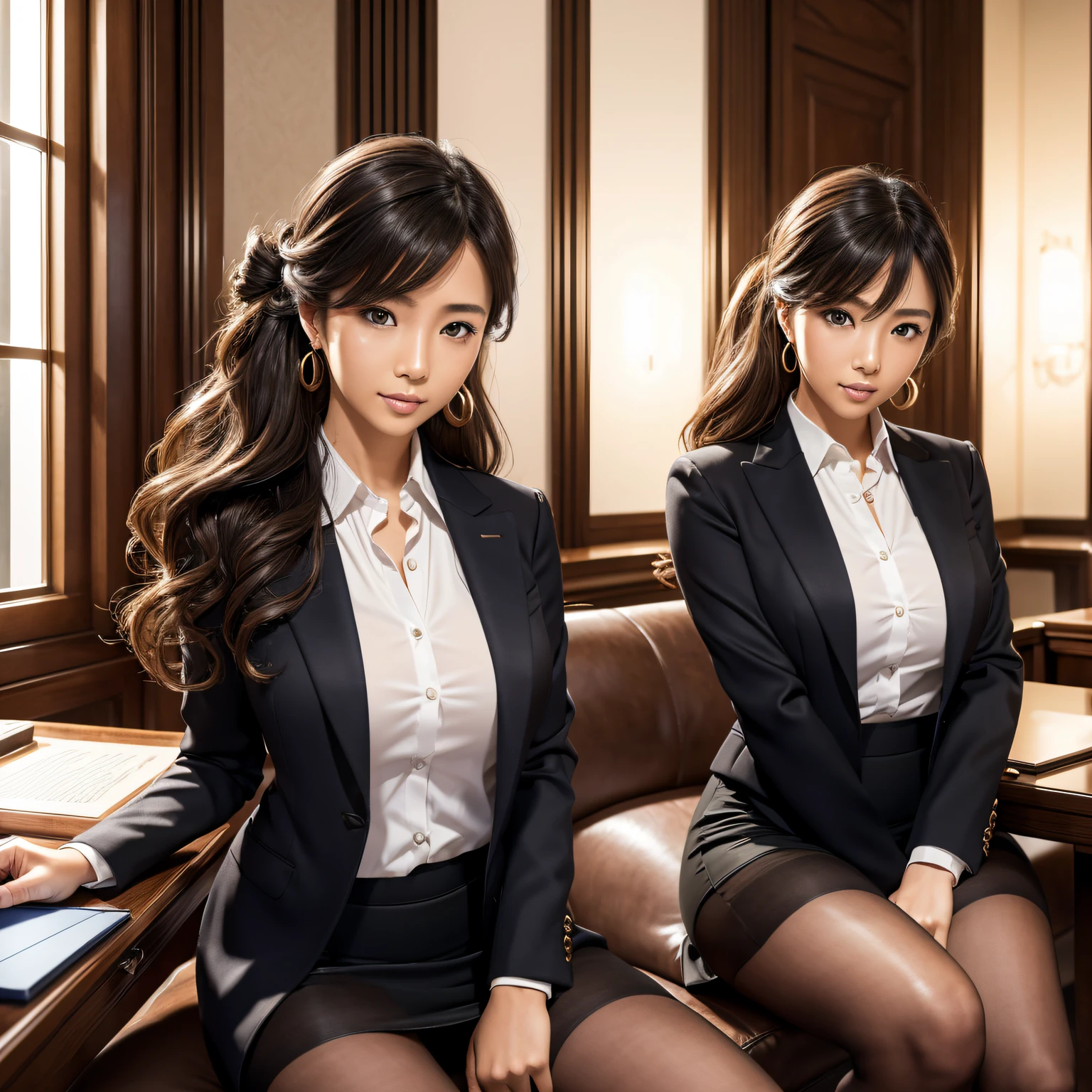 (Masterpiece, Professional lighting, 16k, 8k wallpaper, raw photo, photorealistic:1.8, ultra detailed, natural gentle lighting, detailed skin, detailed face, detailed eyes, textured skins, cinematic composition, detailed background:1.2 ), (Group shot, 2girls, 2 secretaries inside parlor, full body), multiple girls, young girls, BIBC, See through:0.6, Nanako Matsuahima, Kanna Hashimoto, ultra detailed face, slender body, beautiful skin, straight hair, luxury furniture, sitting down, dark business suit with tight skirt, panty under pantyhose, high heels, upturned eyes:0.9, looking at viewer, sexual suggestive, earrings, embarrassed, flaunted, updo, wavy hair:0.8, formal room, wide window, skyscrapers, pen, documents, Asian