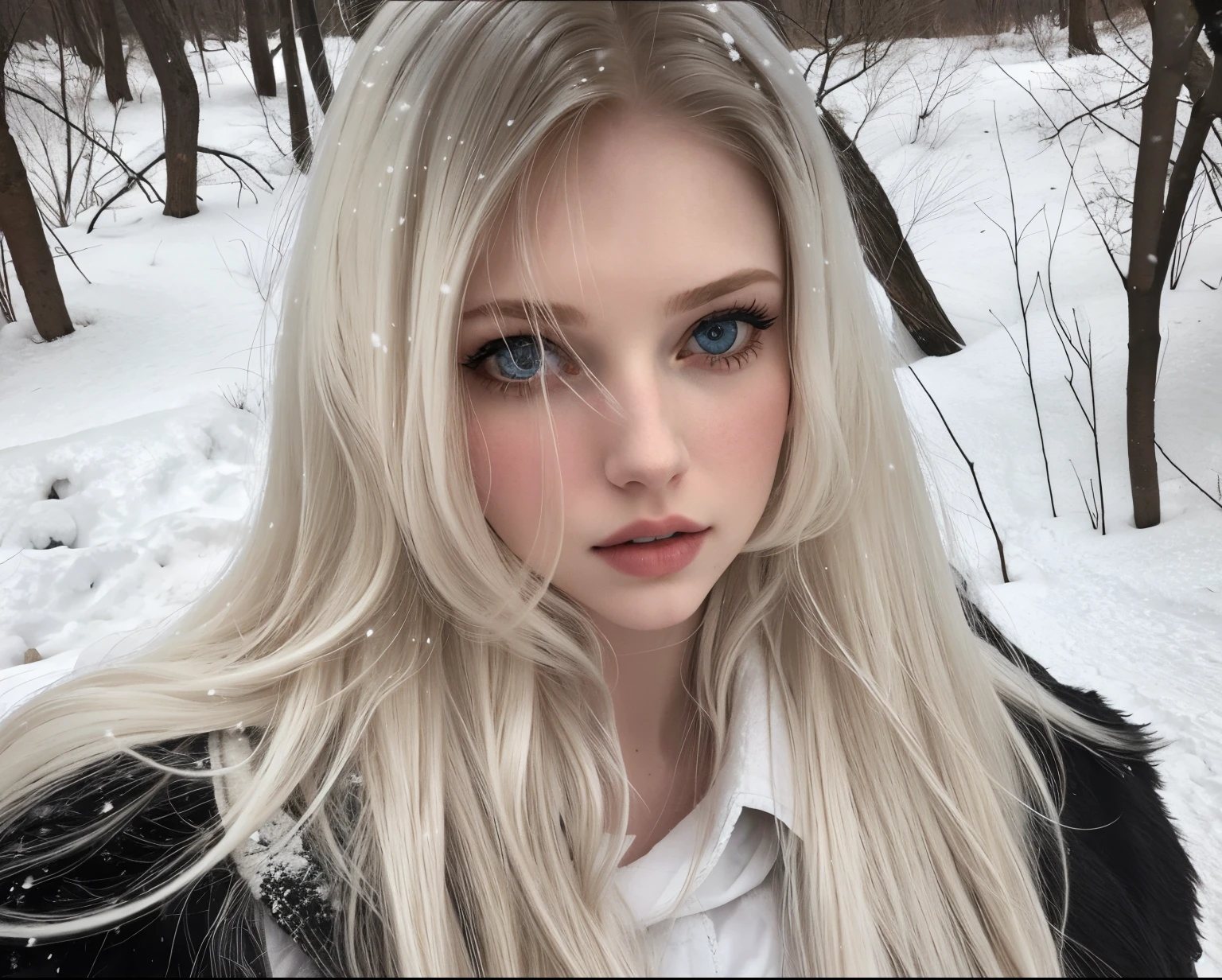 Mujer rubia con pelo largo en el bosque invernal con nieve., Anna Nikolanova aka Newmilky, Cabello largo y rubio y ojos grandes, Yelena Belova, Chica perfecta de pelo blanco, 🤤 girl portrait, Cabello largo y rubio y ojos grandes, very long snow colored hair, cabello rubio y ojos grandes, pale hair, extremely pale white skin, with pale skin, con pelo largo blanco