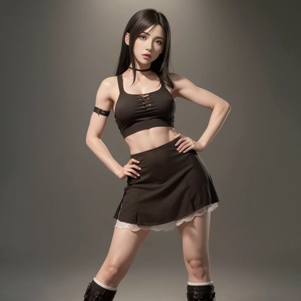 (best quality,ultra-detalhado),(Realistic:1.37),Tifa Lockhart, Rosto bonito e detalhado, maquiagem preta nos olhos, expression serious, textura ultra realista, rosto delicado, corpo delicado, Fit physique, usando batom e brilho labial, olhar penetrante
