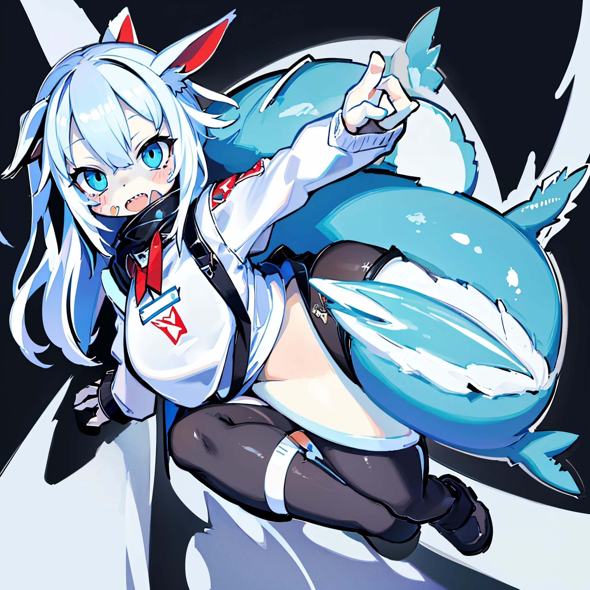 /imagine Prompt: Shark girl illustration for a sticker with black background, bold outline style, irregular borders, Lixo, light shading --v 5.2