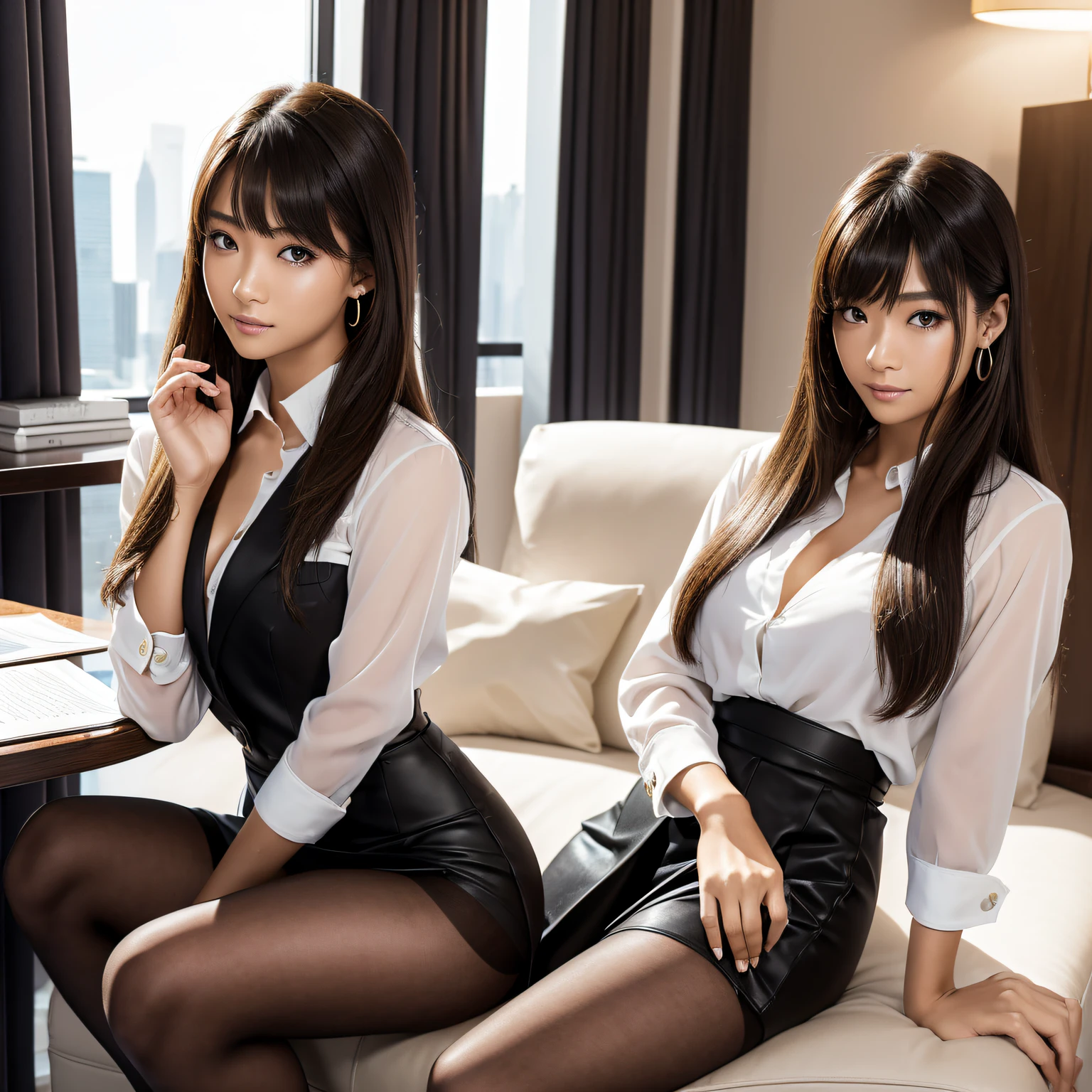 (Masterpiece, Professional lighting, 16k, 8k wallpaper, raw photo, photorealistic:1.8, ultra detailed, natural gentle lighting, detailed skin, detailed face, detailed eyes, textured skins, cinematic composition, detailed background:1.2 ), (Group shot, 2girls, 2 secretaries inside parlor, full body), multiple girls, young girls, BIBC, See through:0.6, Kanna Hashimoto, ultra detailed face, slender body, beautiful skin, straight hair, luxury furniture, sitting down, dark business suit with tight skirt, panty under pantyhose, high heels, upturned eyes:0.9, looking at viewer, sexual suggestive, earrings, embarrassed, flaunted, updo, wavy hair:0.8, formal room, wide window, skyscrapers, pen, documents, Asian