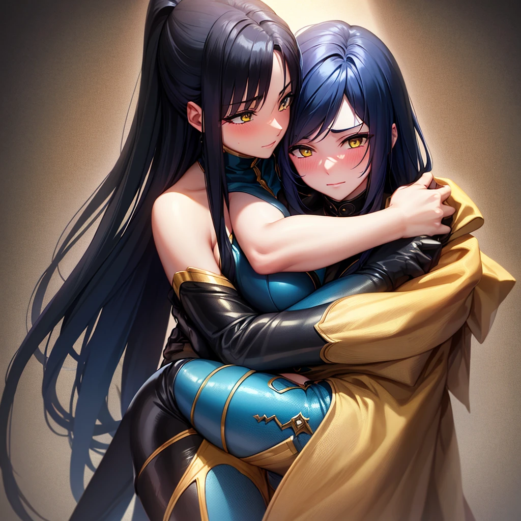 create 2 mage girls, hugging, one in purple and the other in dark blue clothes, one tall and the other short, one with long brown hair and the other with medium black one