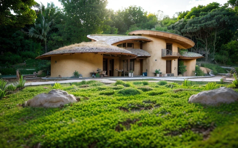 A photograph of a symmetrical contemporary house with (((one hyperbolic paraboloid green roof))) and (((biological pool))) and ((base wall foundation)) in a tropical backyard, with high roof and long eaves, mustard yellow terracota plaster walls (((rustic clay stucco))), ((corner walls rounded)), ((rustic clay plaster)), (((terracotta walls with rounded corners, organic curves))), (((rustic earth plaster, mud))), (((hyperbolic-shaped green roof with wooden edge))), (((wooden roof structure, wooden rake, wooden fascia board))), eaves, ((roof with wooden structure)), In Bahia (((tropical garden))), ((natural houses, organic buildings, organic architecture)), ecovillage, sustainable architecture, bioconstruction architecture, solarpunk architecture, (((grass roof, green roof, green wave roof, rounded roof, vegetated roofs))), (((rock base foundation wall, foundation height 30cm, stone base wall 30cm high))), ((green architecture)), passive house, clear sky in the background, painful beauty, modern, imposing, green house, ((Bali hobbit Hadid Style)), super resolution, cinematic, color grading, editorial photography, photography, photo shoot, (((dramatic front eye top angle view))), O 50mm, depth of field, intricate details, natural colors, sharp focus, warm light, shutter speed 1/1000, F/22, White Balance, Ray Trace Reflections, Lumen Reflections, Screen Space Reflections, Diffraction Rating, Chromatic Aberration, GB Shift, Partial Lighting, Backlighting, Daylighting, Scan Lines, ambient occlusion, antialiasing, shaders, OpenGL-Shaders, GLSL-Shaders, Post-processing, post-production, shading, tone mapping, incredibly detailed and complex, hypermaximalist, elegant, hyperrealistic, super detailed, dynamic pose, Fujifilm XT