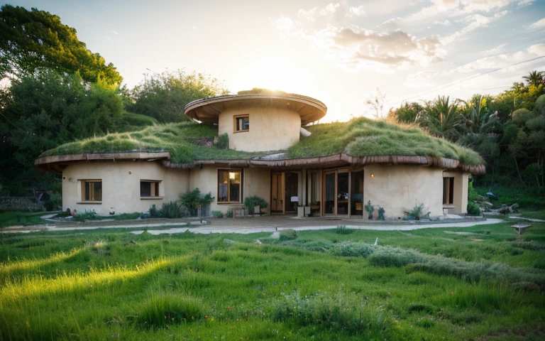 A photograph of a symmetrical contemporary house with (((one hyperbolic paraboloid green roof))) and (((biological pool))) and ((base wall foundation)) in a tropical backyard, with high roof and long eaves, mustard yellow terracota plaster walls (((rustic clay stucco))), ((corner walls rounded)), ((rustic clay plaster)), (((terracotta walls with rounded corners, organic curves))), (((rustic earth plaster, mud))), (((hyperbolic-shaped green roof with wooden edge))), (((wooden roof structure, wooden rake, wooden fascia board))), eaves, ((roof with wooden structure)), In Bahia (((tropical garden))), ((natural houses, organic buildings, organic architecture)), ecovillage, sustainable architecture, bioconstruction architecture, solarpunk architecture, (((grass roof, green roof, green wave roof, rounded roof, vegetated roofs))), (((rock base foundation wall, foundation height 30cm, stone base wall 30cm high))), ((green architecture)), passive house, clear sky in the background, painful beauty, modern, imposing, green house, ((Bali hobbit Hadid Style)), super resolution, cinematic, color grading, editorial photography, photography, photo shoot, (((dramatic front eye top angle view))), O 50mm, depth of field, intricate details, natural colors, sharp focus, warm light, shutter speed 1/1000, F/22, White Balance, Ray Trace Reflections, Lumen Reflections, Screen Space Reflections, Diffraction Rating, Chromatic Aberration, GB Shift, Partial Lighting, Backlighting, Daylighting, Scan Lines, ambient occlusion, antialiasing, shaders, OpenGL-Shaders, GLSL-Shaders, Post-processing, post-production, shading, tone mapping, incredibly detailed and complex, hypermaximalist, elegant, hyperrealistic, super detailed, dynamic pose, Fujifilm XT