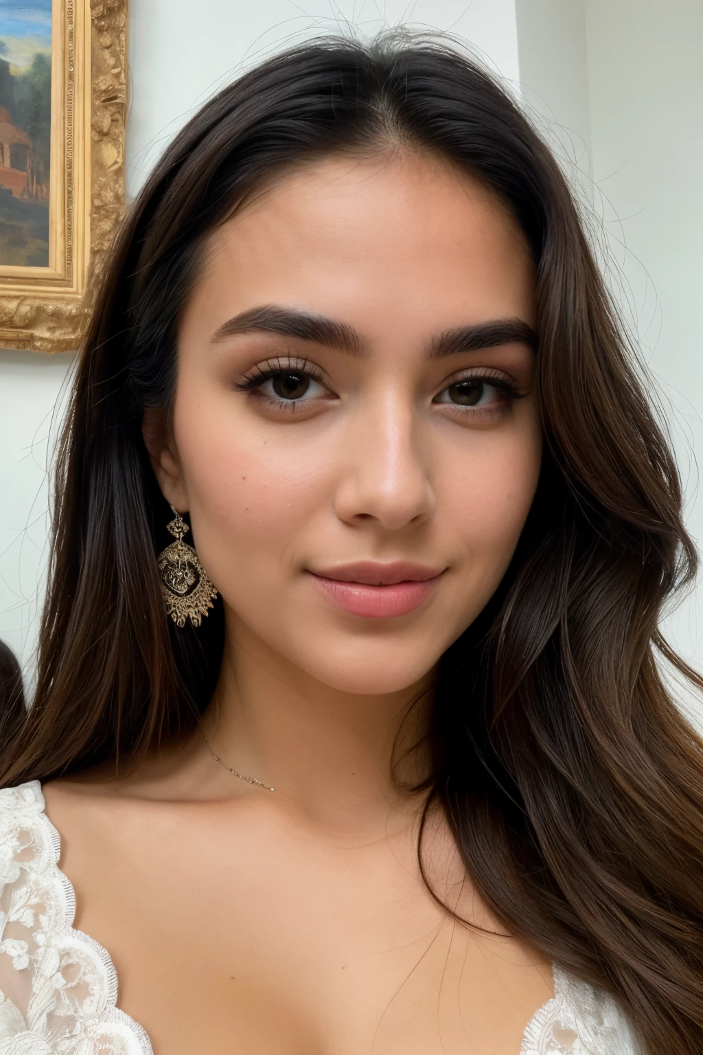 A woman with long hair wearing a white dress and earrings - SeaArt AI
