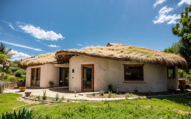 A photograph of a symmetrical contemporary house with (((one hyperbolic paraboloid green roof))) and (((biological pool))) and ((base wall foundation)) in a tropical backyard, mustard yellow terracota plaster walls (((rustic clay stucco))), ((corner walls rounded)), ((rustic clay plaster)), (((terracotta walls with rounded corners, organic curves))), (((rustic earth plaster, mud))), (((hyperbolic-shaped green roof with wooden edge))), (((wooden roof structure, wooden rake, wooden fascia board))), eaves, ((roof with wooden structure)), In Bahia (((tropical garden))), ((natural houses, organic buildings, organic architecture)), ecovillage, sustainable architecture, bioconstruction architecture, solarpunk architecture, (((grass roof, green roof, green wave roof, rounded roof, vegetated roofs))), (((rock base foundation wall, foundation height 30cm, stone base wall 30cm high))), ((green architecture)), passive house, clear sky in the background, painful beauty, modern, imposing, green house, ((Bali hobbit Hadid Style)), super resolution, cinematic, color grading, editorial photography, photography, photo shoot, (((dramatic front eye top angle view))), O 50mm, depth of field, intricate details, natural colors, sharp focus, warm light, shutter speed 1/1000, F/22, White Balance, Ray Trace Reflections, Lumen Reflections, Screen Space Reflections, Diffraction Rating, Chromatic Aberration, GB Shift, Partial Lighting, Backlighting, Daylighting, Scan Lines, ambient occlusion, antialiasing, shaders, OpenGL-Shaders, GLSL-Shaders, Post-processing, post-production, shading, tone mapping, incredibly detailed and complex, hypermaximalist, elegant, hyperrealistic, super detailed, dynamic pose, Fujifilm XT