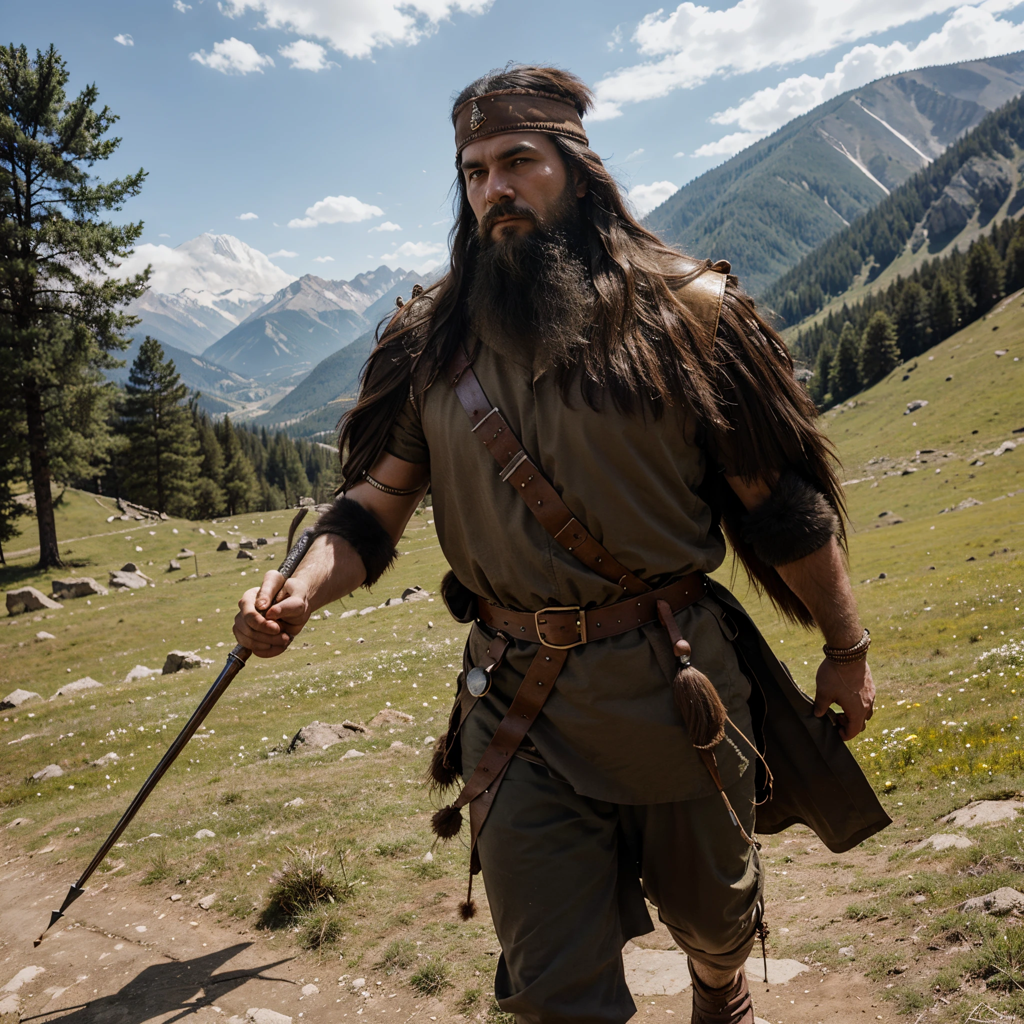 Dacian warrior in the mountains. He is on foot, has a spear and a sica, beard, and a pileus on his head.