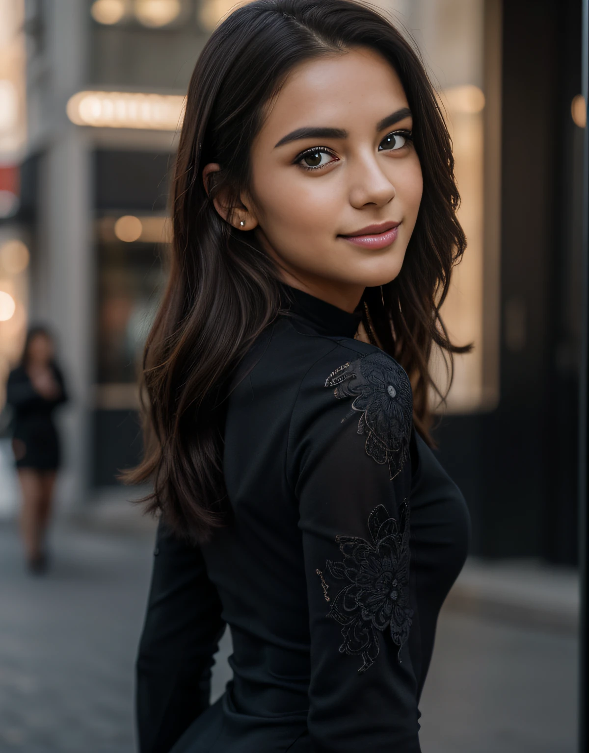 beautiful Spanish brunette, woman in black dress, wearing a tight black dress, tight dress, mid 20 female, side pose, casual pose, tight attire, about 21 years old, black dress, wearing a black dress, taken in early 2020, she is wearing a very detailed black dress, 21 years, innocent face, long hair, natural wavy, blue eyes, high resolution, masterpiece, best quality, intricate details, highly detailed, sharp focus, detailed skin, realistic skin texture, texture, detailed eyes, professional, 4k, charming smile, shot on Canon, 85mm, shallow depth of field, kodak vision color, perfect fit body, extremely detailed, foto_\(ultra\), photorealistic, realistic, post-processing, maximum detail, roughness, real life, ultra realistic, photorealism, photography, 8k uhd, photography, blowing a kiss