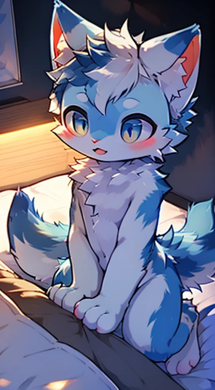white cat,Pout,The tail cocked,The mouth open and the water rung,get down on the bed,dimly lit interior