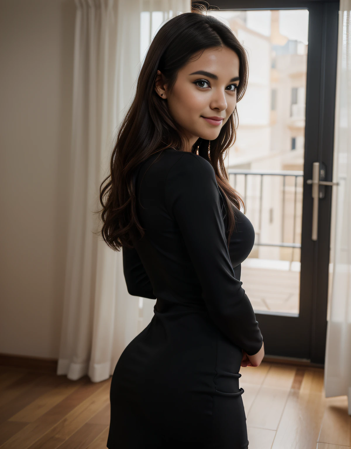 beautiful Spanish brunette, woman in black dress, wearing a tight black dress, tight dress, mid 20 female, side pose, casual pose, tight attire, about 21 years old, black dress, wearing a black dress, taken in early 2020, she is wearing a very detailed black dress, 21 years, innocent face, long hair, natural wavy, blue eyes, high resolution, masterpiece, best quality, intricate details, highly detailed, sharp focus, detailed skin, realistic skin texture, texture, detailed eyes, professional, 4k, charming smile, shot on Canon, 85mm, shallow depth of field, kodak vision color, perfect fit body, extremely detailed, foto_\(ultra\), photorealistic, realistic, post-processing, maximum detail, roughness, real life, ultra realistic, photorealism, photography, 8k uhd, photography, blowing a kiss