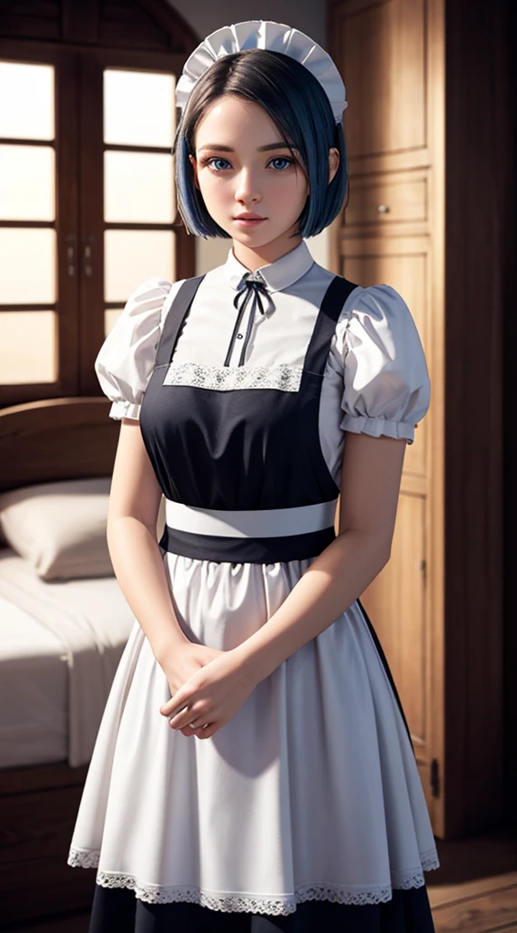 RAW, professional photograph, medium shot, photorealistic, realistic lights, realistic shadows, hyper-realistic, ray tracing, super detail, UHD, 8k, female, twenty years old, athletic body, soft facial features, short hair, straight hair, light blue hair, blue eyes, maid clothes, winter, medieval bedroom, medieval town