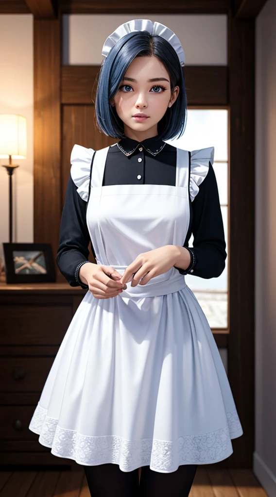 RAW, professional photograph, medium shot, photorealistic, realistic lights, realistic shadows, hyper-realistic, ray tracing, super detail, UHD, 8k, female, twenty years old, athletic body, soft facial features, short hair, straight hair, light blue hair, blue eyes, maid clothes, winter, medieval bedroom, medieval town