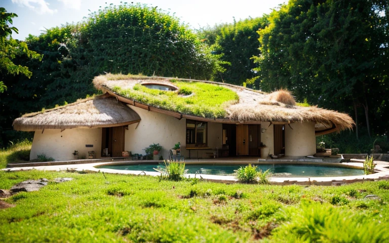 A photograph of a symmetrical contemporary house with (((one hyperbolic paraboloid green roof))) and (((biological pool))) and ((base wall foundation)) in a tropical backyard, with high roof and long eaves, mustard yellow terracota plaster walls (((rustic clay stucco))), ((corner walls rounded)), ((rustic clay plaster)), (((terracotta walls with rounded corners, organic curves))), (((rustic earth plaster, mud))), (((hyperbolic-shaped green roof with wooden edge))), (((wooden roof structure, wooden rake, wooden fascia board))), eaves, ((roof with wooden structure)), In Bahia (((tropical garden))), ((natural houses, organic buildings, organic architecture)), ecovillage, sustainable architecture, bioconstruction architecture, solarpunk architecture, (((grass roof, green roof, green wave roof, rounded roof, vegetated roofs))), (((rock base foundation wall, foundation height 30cm, stone base wall 30cm high))), ((green architecture)), passive house, clear sky in the background, painful beauty, modern, imposing, green house, ((Bali hobbit Hadid Style)), super resolution, cinematic, color grading, editorial photography, photography, photo shoot, (((dramatic front eye top angle view))), O 50mm, depth of field, intricate details, natural colors, sharp focus, warm light, shutter speed 1/1000, F/22, White Balance, Ray Trace Reflections, Lumen Reflections, Screen Space Reflections, Diffraction Rating, Chromatic Aberration, GB Shift, Partial Lighting, Backlighting, Daylighting, Scan Lines, ambient occlusion, antialiasing, shaders, OpenGL-Shaders, GLSL-Shaders, Post-processing, post-production, shading, tone mapping, incredibly detailed and complex, hypermaximalist, elegant, hyperrealistic, super detailed, dynamic pose, Fujifilm XT
